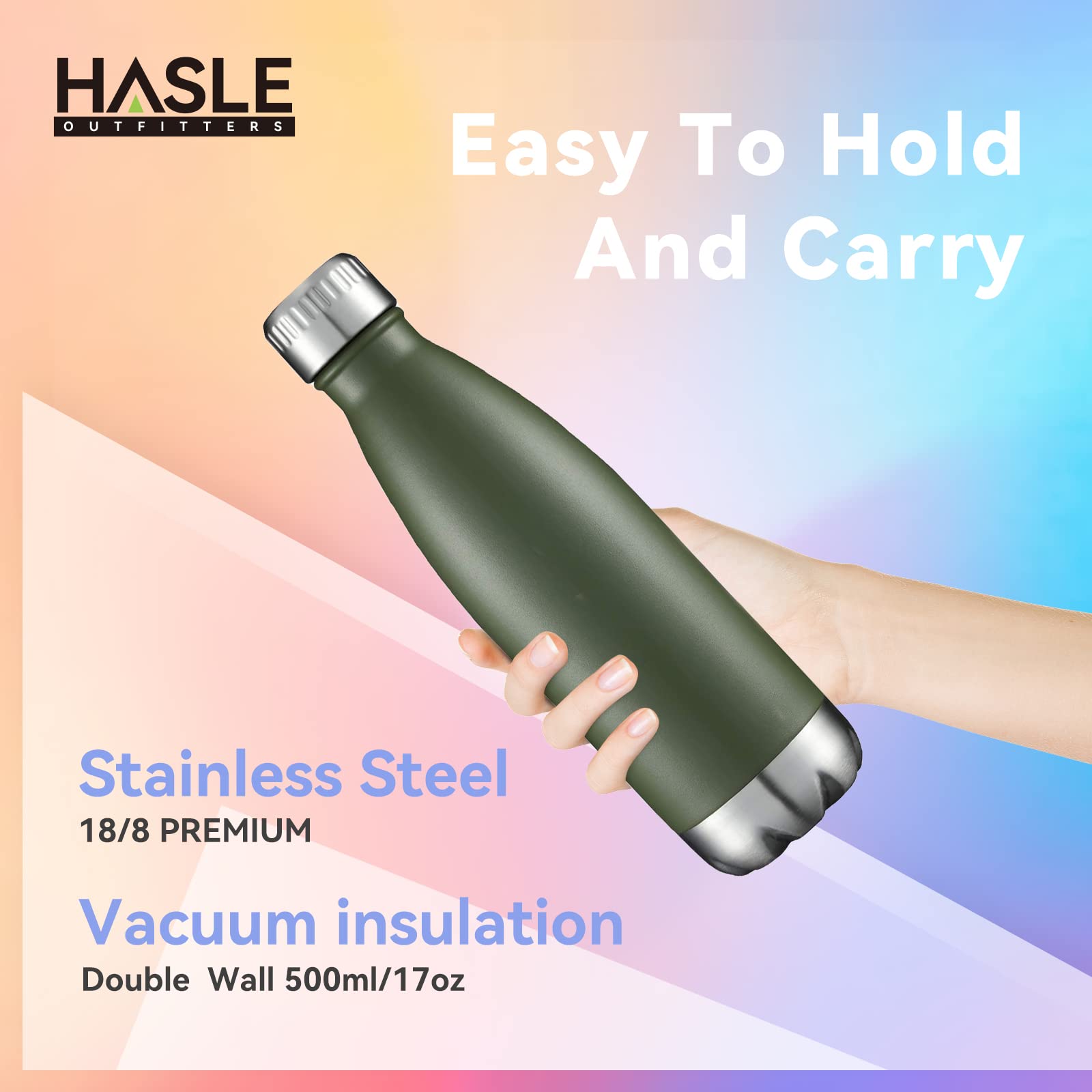 HASLE OUTFITTERS Botella de agua de acero inoxidable aislada al vacío de doble pared con tapa para deportes, viajes al aire libre a prueba de fugas