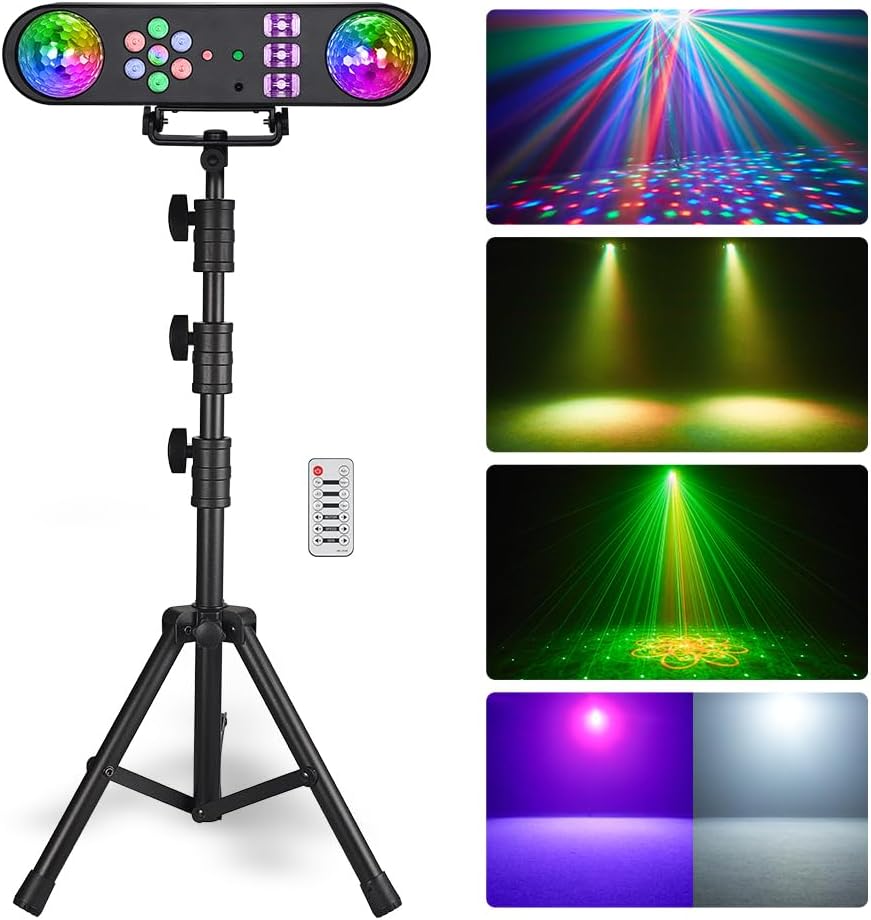 Eyeshot 5-in-1 LED DJ Stand Light System with Kaleidoscope Ball, Par Light, Red Green Pattern, Strobe/UV Effect, Portable T-bar Kit for Disco Party DJ Stage Lighting