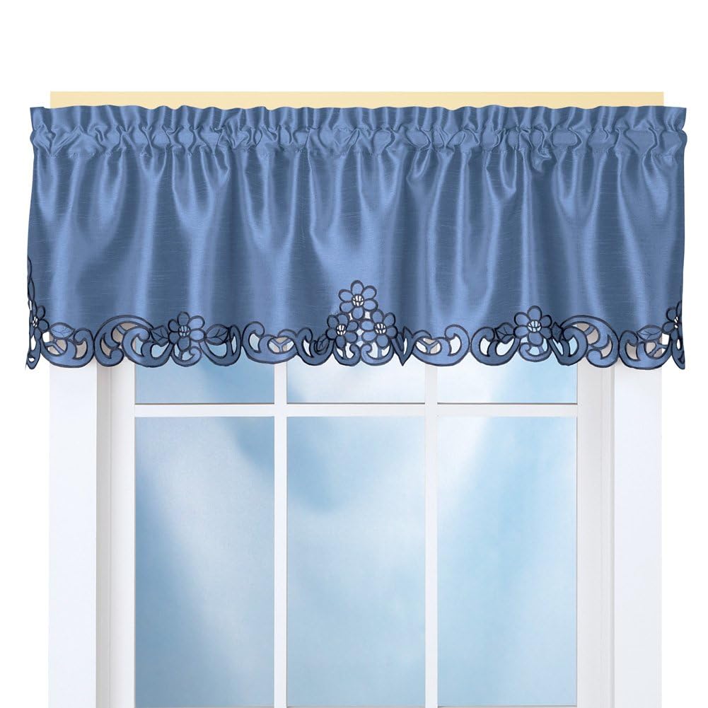 Collections EtcElegance Scroll Embroidered Cut-Out Window Valance with Rod Pocket Top for Easy Hanging, 58" W x 13" L, Blue