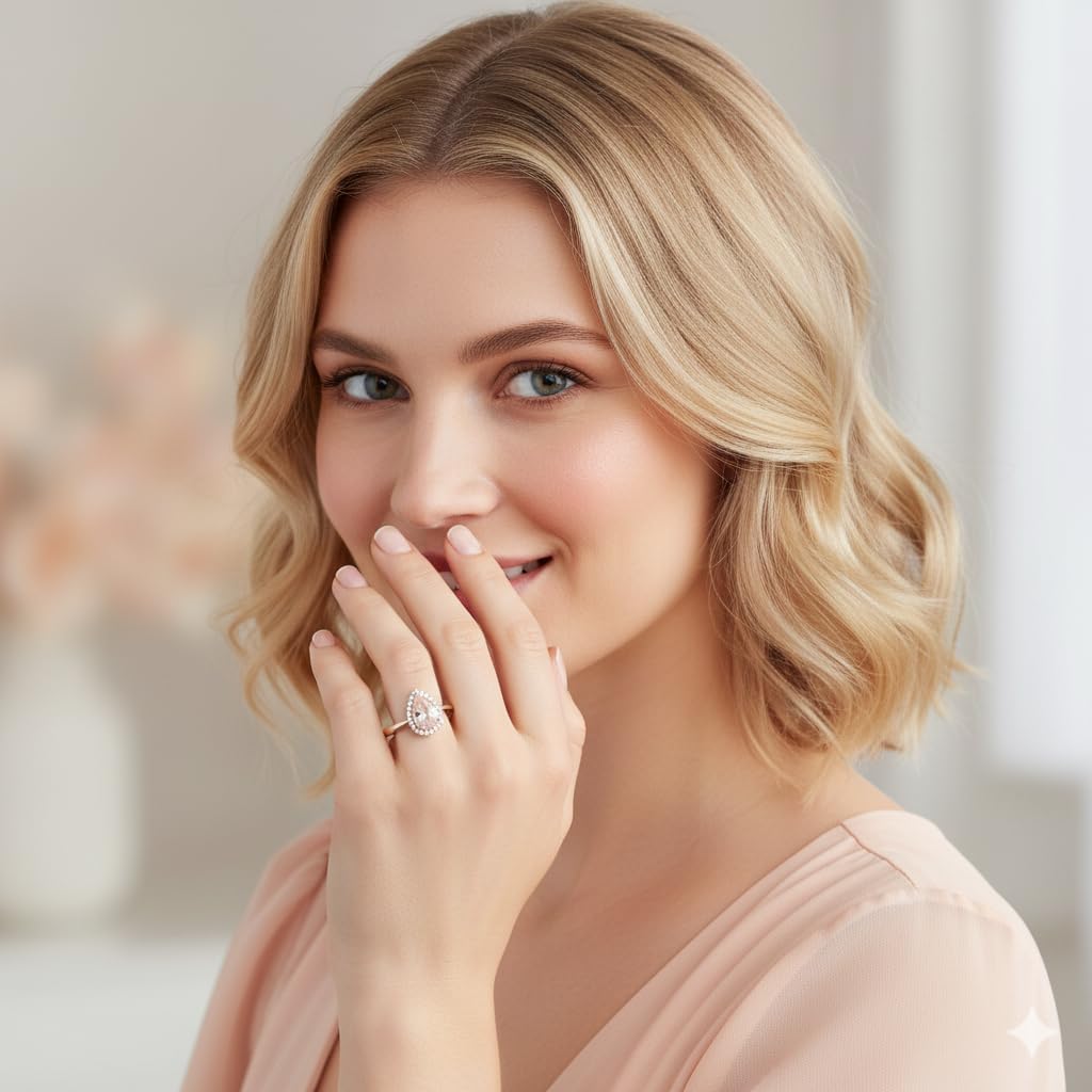 Jewelili 10K White or Rose Gold Halo Ring for Women | 8X5 MM Pear Cut Aquamarine or Morganite & Natural White Round Diamonds | Luxury Jewelry Gift for Her | Gift Box Included