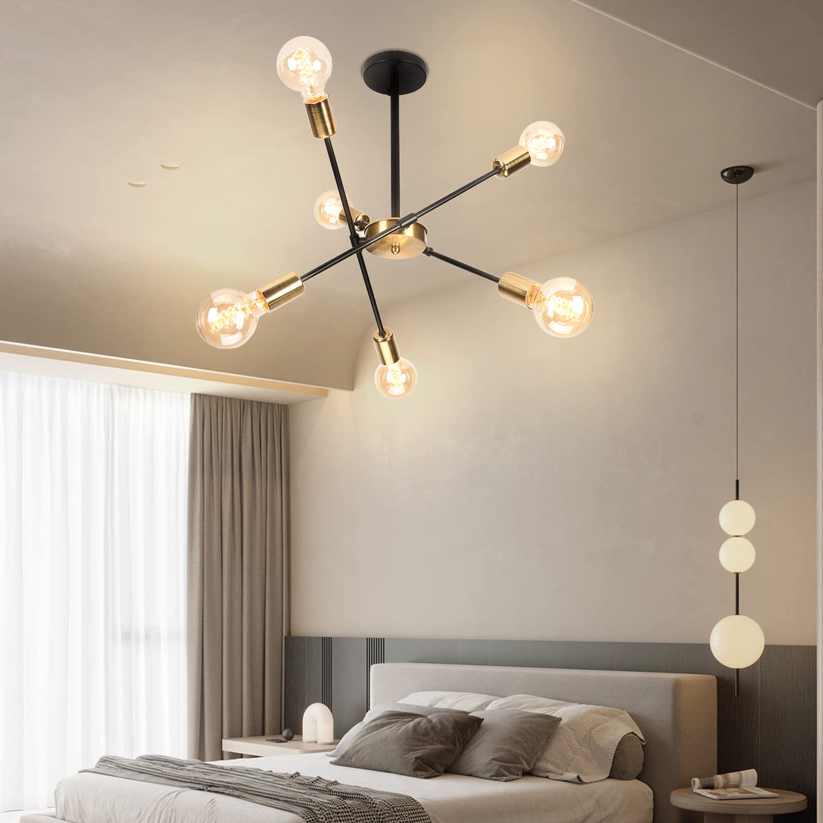 iDEGU Lampadario Soggiorno Moderno, 6 Luci Lampada da Soffitto Regolabile Plafoniera LED Vintage Illuminazione E27 Lampada a Sospensione Industriale per Camera da letto Sala da Pranzo (Nero Oro)