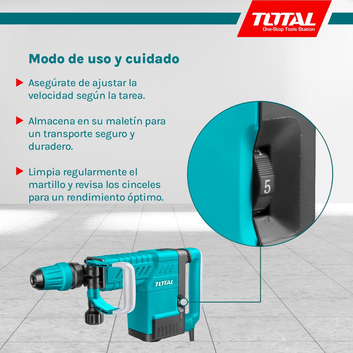TOTAL - Martillo Picador Eléctrico - 1500W - 1900 Impactos/min - Sistema Antivibración y SDS max - Fuerza de 25 J de Impacto - Incluye 2 Cinceles y Maletín