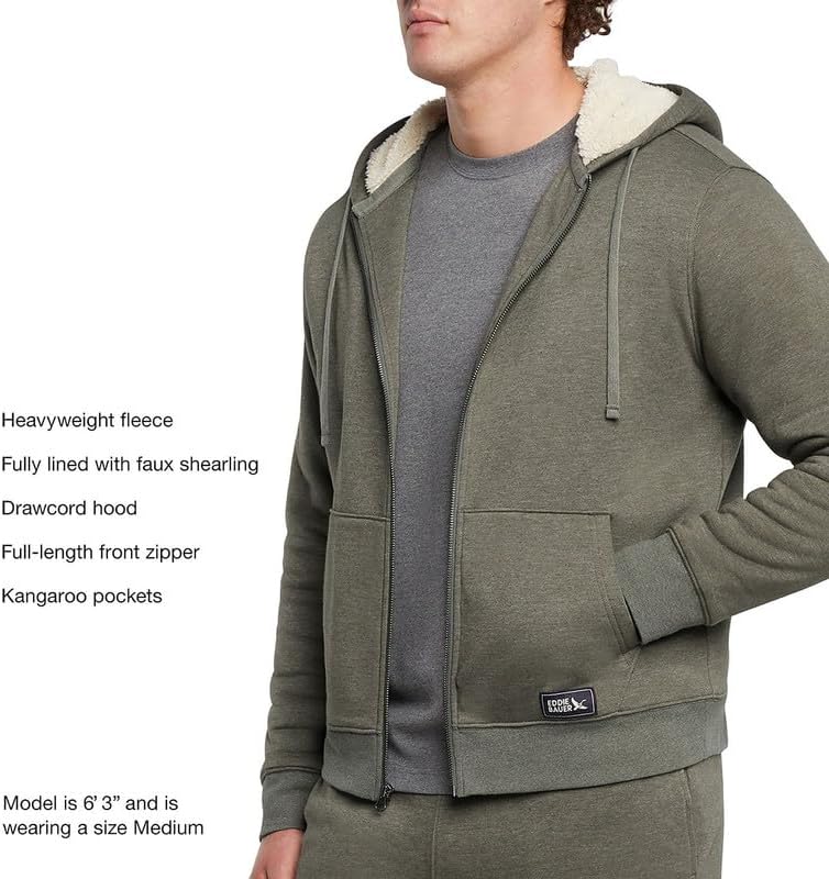 Eddie Bauer Men's Shearling-Lined Full-Zip Hoodie, Heavyweight Fleece, Relaxed Fit (GREEN/MEDIUM)