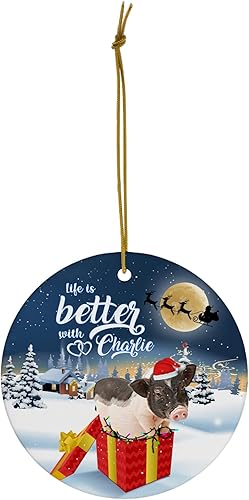 Miniatura 2 de Life is Better with Saddle Mini Cerdo Personalizado Nombre Adornos de Navidad 2023 Círculo Blanco Cerámico Dueño de Mascotas Regalos