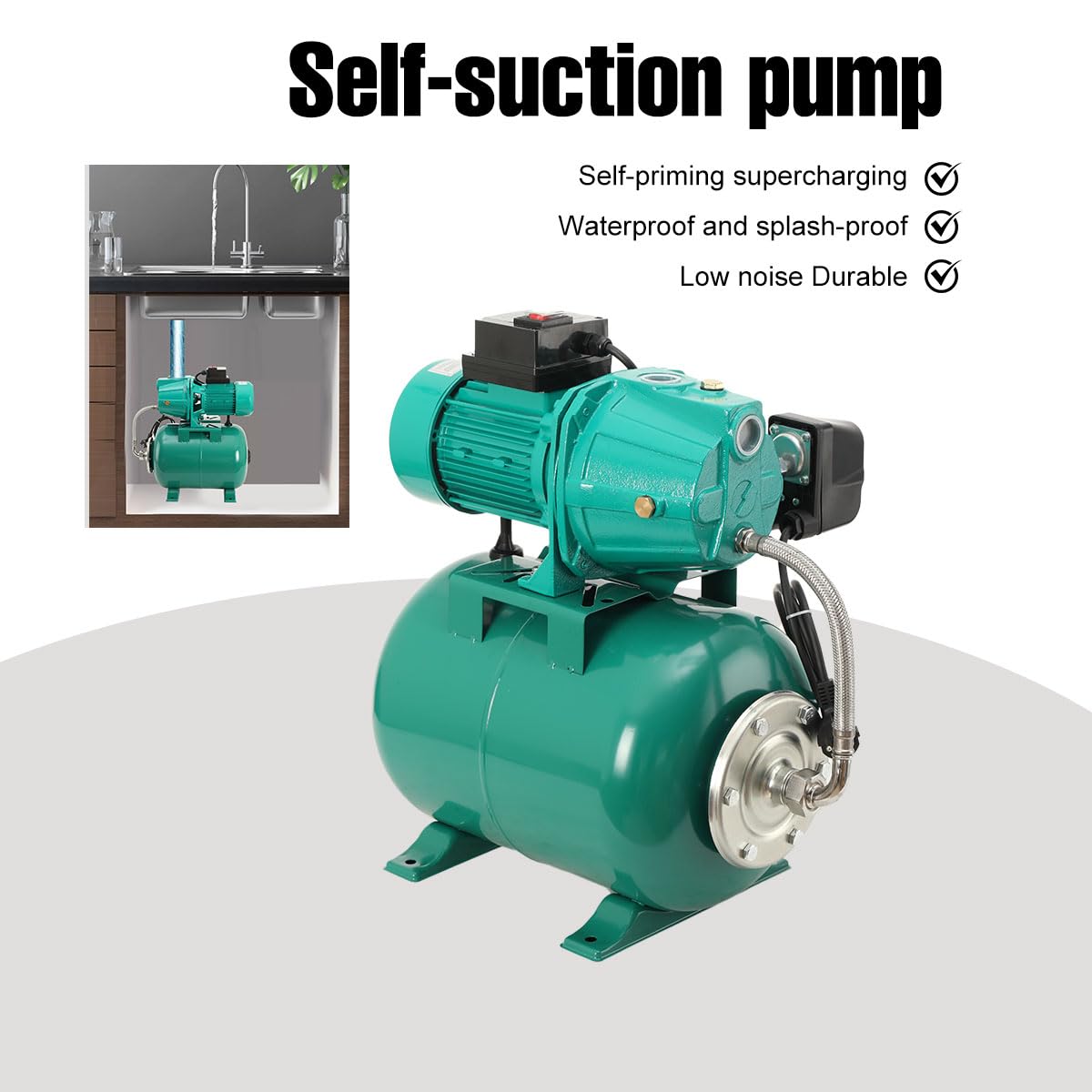 Bomba Agua Autoaspirante 1100W con Depósito 24L, Caudal 3000L/h | IP44 resistente al agua, caudal 50L/min, altura 45m, aspiración 9m, presión 3.5bar, conexión G1, para riego y drenaje