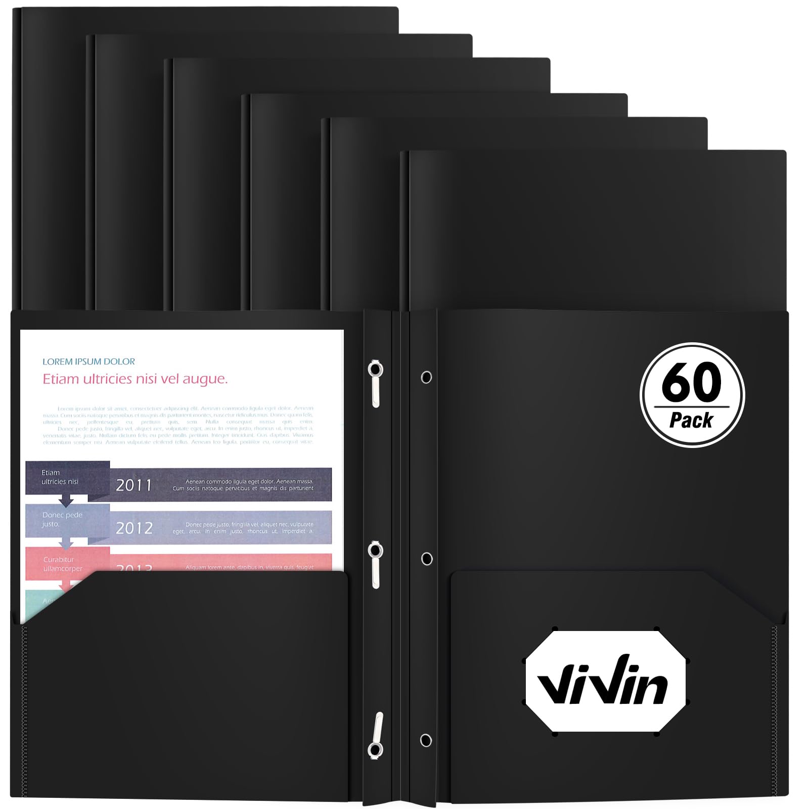 Heavy Duty Plastic Folder, 60 Pack, Pocket Folder with brads, Letter Size Poly File, Plastic Folders with 3 Prongs Fasteners - Black