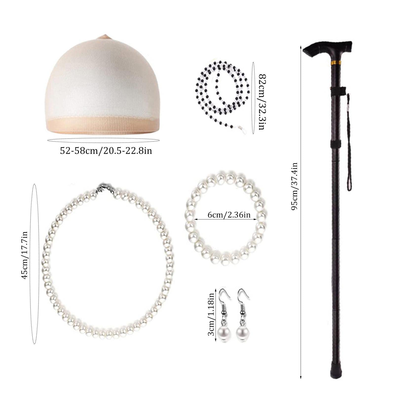 Oma Kostüm Set Für Fasching & Mottopartys | Mit Perücke, Brille, Brillenkette & Perlenkette | 5-teilig In Grau