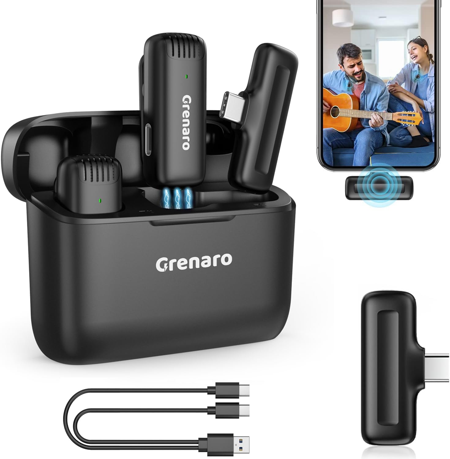 GRENARO J13 Wireless Mic Lavalier Microphone with Charging Case, Compatible for TypeC Android