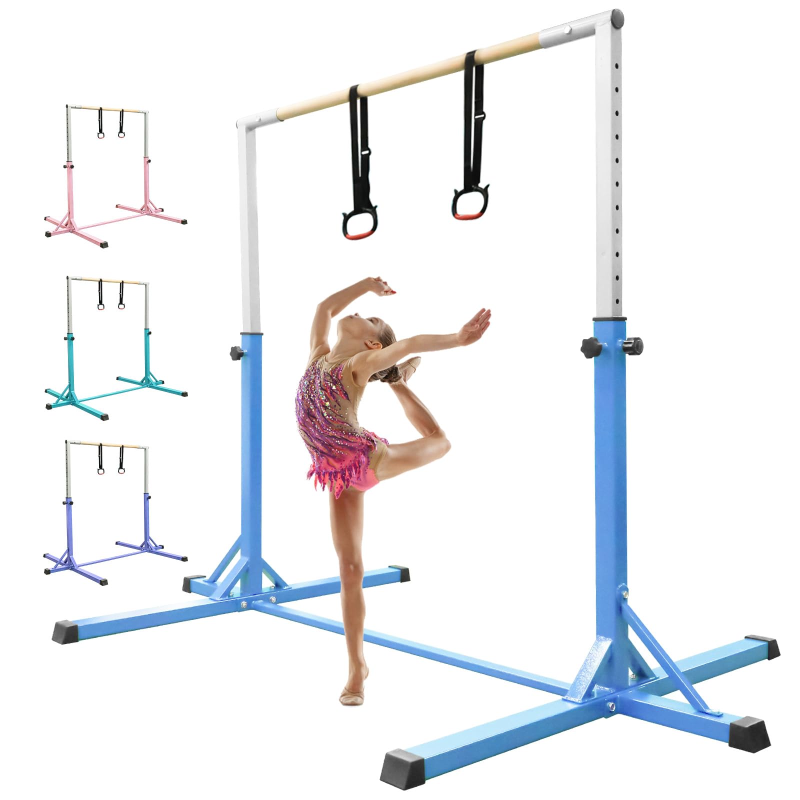 FBSPORT Barra de Gimnasia para Niños Barra Horizontal de Gimnasia con 13 Altura Ajustable de Barra de Entrenamiento con Anillos de Gimnasia Barra de Entrenamiento de Gimnasia expandible Junior Azul