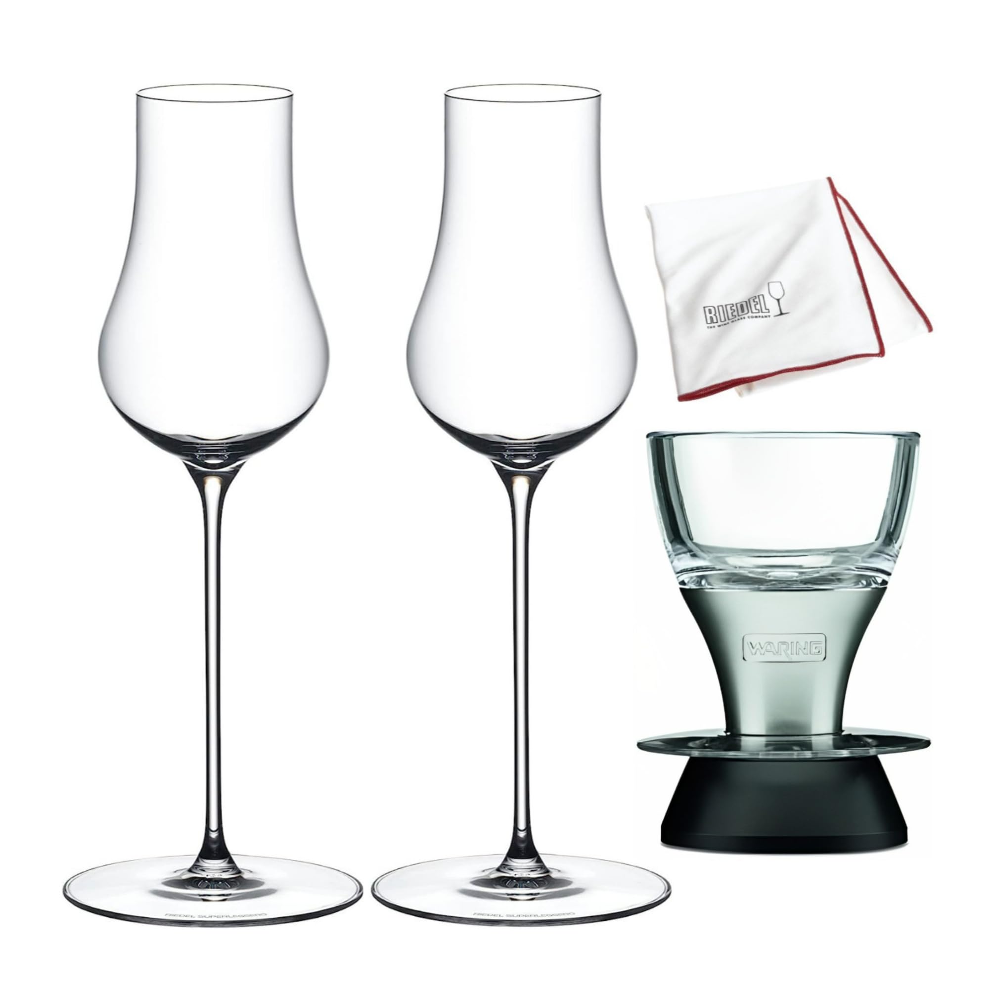 Riedel Supperleggero Spirits Crystal Wine 2 Glasses Bundle with Waring Pro Wine Aerator, and Riedel Large Microfiber Polishing Cloth (4 Items)