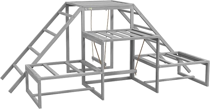 PawHut Chicken Toys for Coop, Chicken Swing Set, Chicken Coop Accessories for Poultry Run with Perches, Wood Stand, Ladder, Platforms, for 10-15 Chickens, Gray