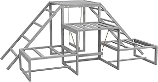 PawHut Chicken Toys for Coop, Chicken Swing Set, Chicken Coop Accessories for Poultry Run with Perches, Wood Stand, Ladder, Platforms, for 10-15 Chickens, Gray
