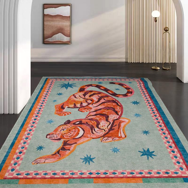 Alfombra de área con estampado de tigre multicolor estilo vintage de pelo bajo 2