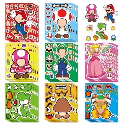 24 Sheets 5.8x4.4 DIY Make a Face Mario Stickers for Teens Make Your Own Mixed & Matched with 8 Designed Characters(3 of Each) Sticker for Birthday Party Supplies Favors Class Reward (Mario)