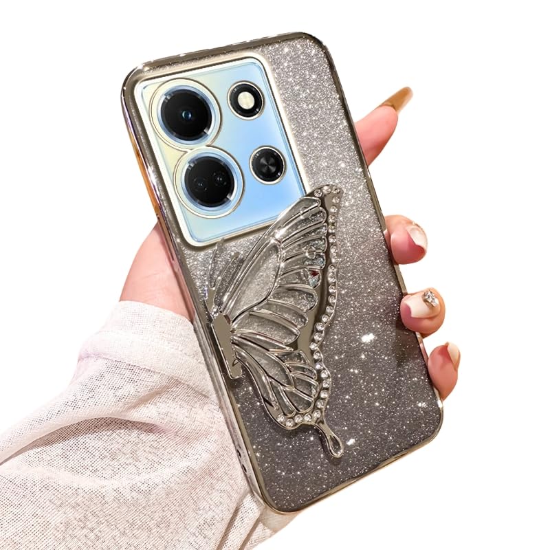 Silicone Case for Infinix Note 30 5G Cover, Luxury Electroplated Glitter Gradient Quicksand Butterfly Protection Cover for Women Girls Compatible with Infinix Note 30 5G Protective Shell (Silver)