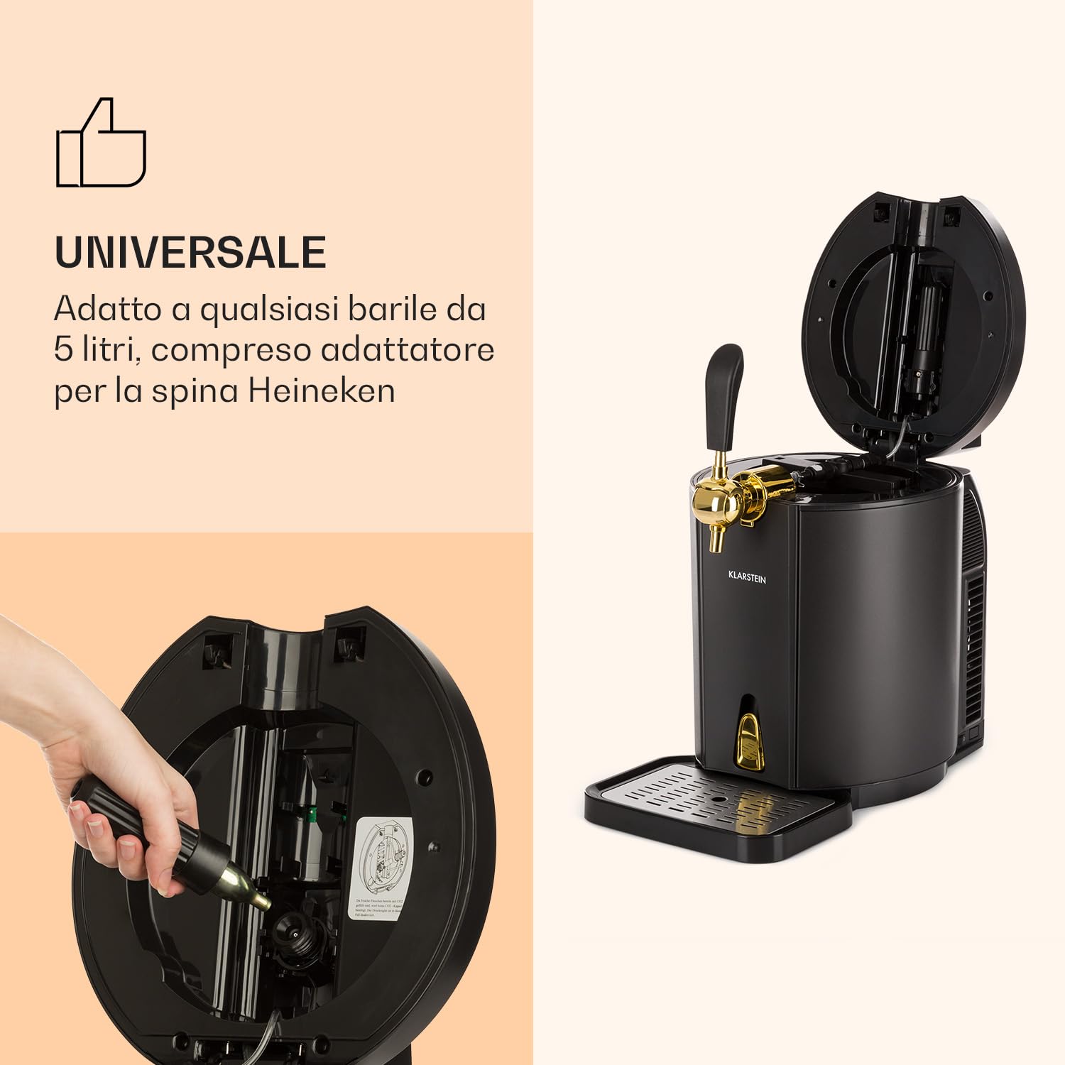 Klarstein Skal - Spillatore Birra, Spillatrice, Spillatore Birra da Casa 5 Litri, 3 x Cartuccia a Pressione CO² e Adattatore, Display LED, Silenzioso, 2-12 °C, Vassoio Gocce, Acciaio Inox, Nero