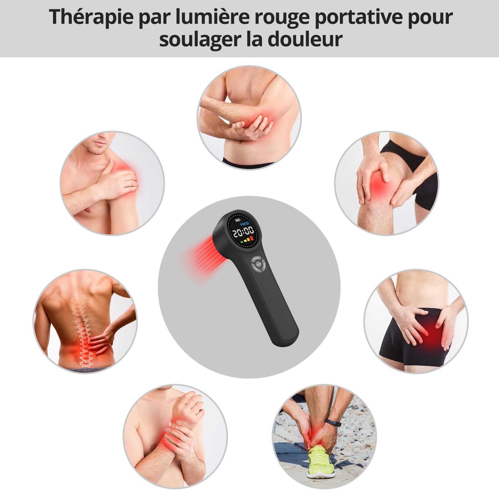 Thérapie par lumière rouge proche infrarouge Toponechoice, 4 x 980 nm + 4 x 810 nm + 16 x 660 nm, appareil portable de luminothérapie rouge pour soulager la douleur, bâton de luminothérapie rouge pour