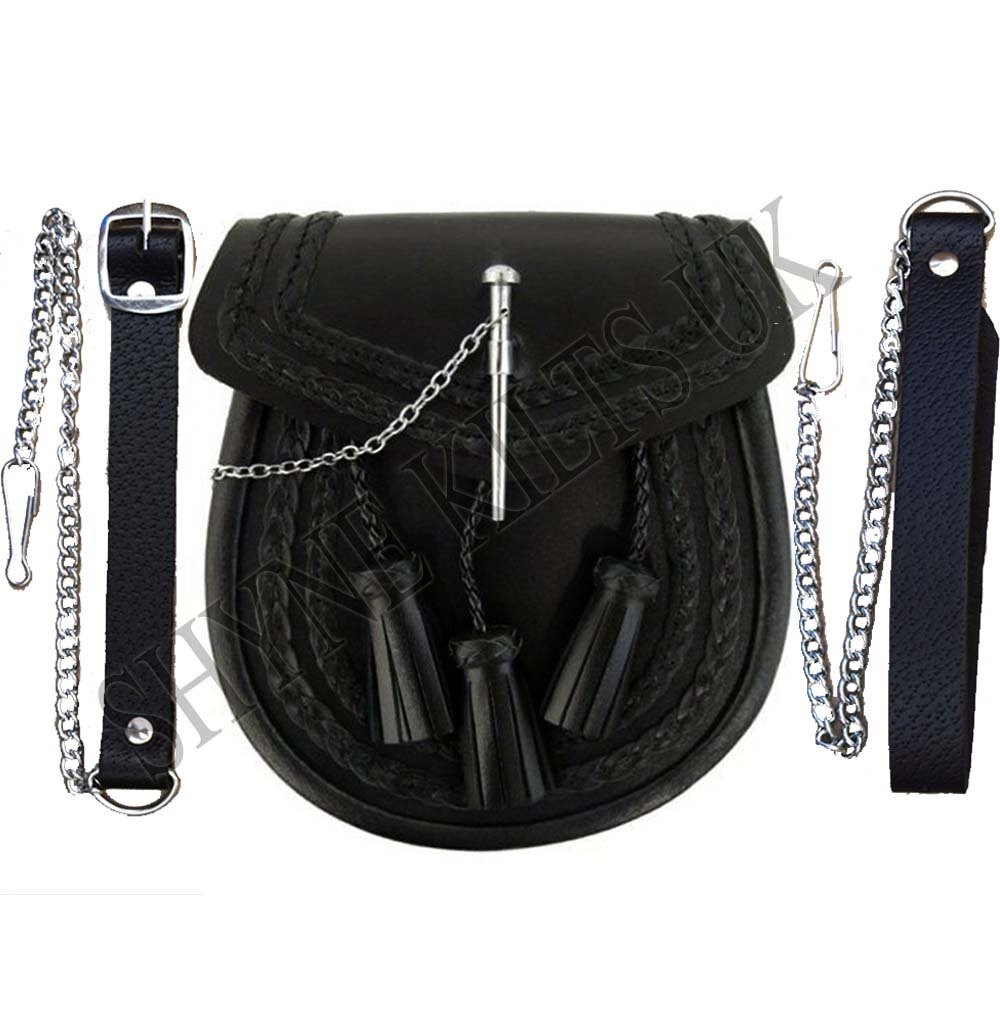 SHYNE KILTS U.K Black Leather Scottish Kilt Sporran With Pin Lock & Tassels