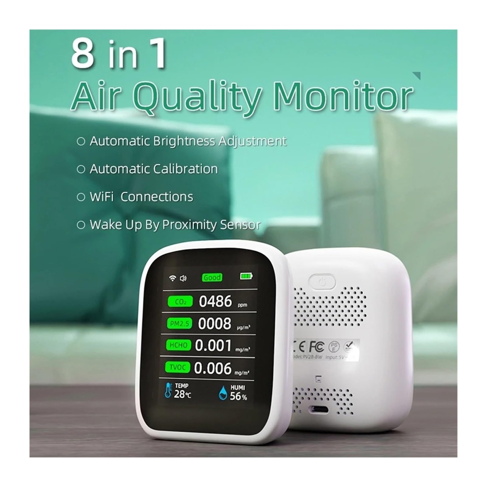 Monitor Jakości Powietrza, WIFI 8 W 1 Monitor Jakości Powietrza CO2 HCHO TVOC PM1.0 PM2.5 PM10 Tester Miernik Temperatury I Wilgotności Detektor Dwutlenku Węgla