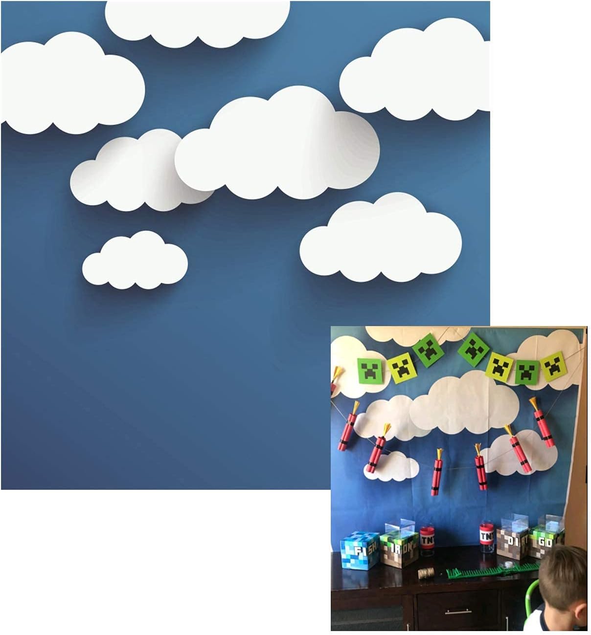 Leowefowa 5x5ft Vinyl Blue Sky White Clouds Backdrop for Photo Cartoon Boy 1st Birthday Baby Shower Background Kids Party Banner Supplies Cake Smash Photo Props Nursery Pre-K Classroom Decor