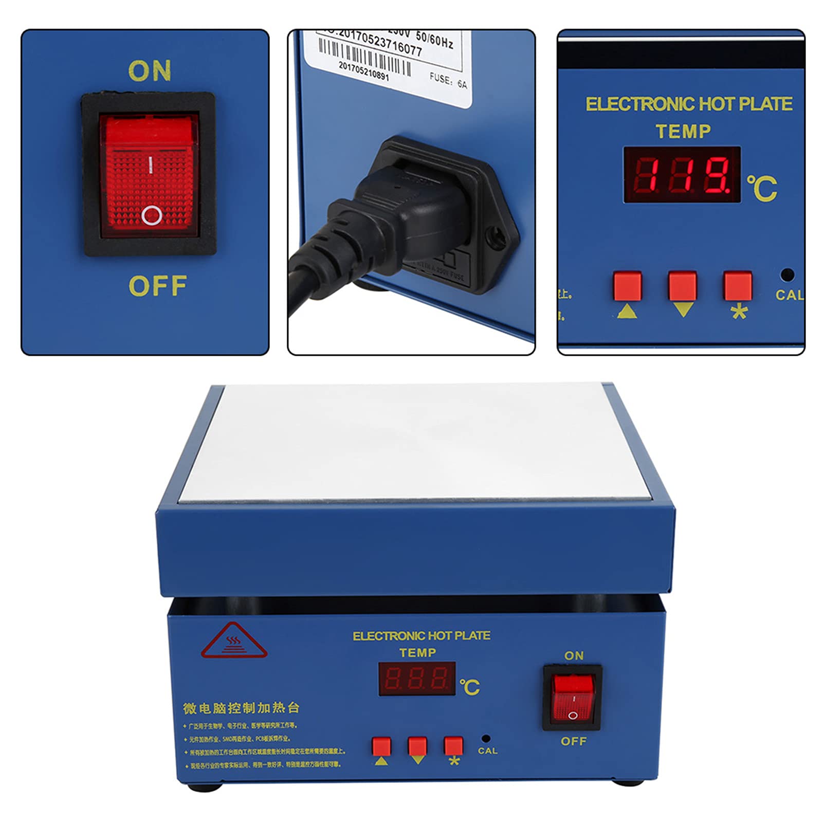 Tyenaza Placa calefactora de microordenador LED de 200x200mm, Placa calefactora eléctrica, Placa de Laboratorio de Calentador de estación de precalentamiento 110/220V CA 800W(EU Plug 220v)
