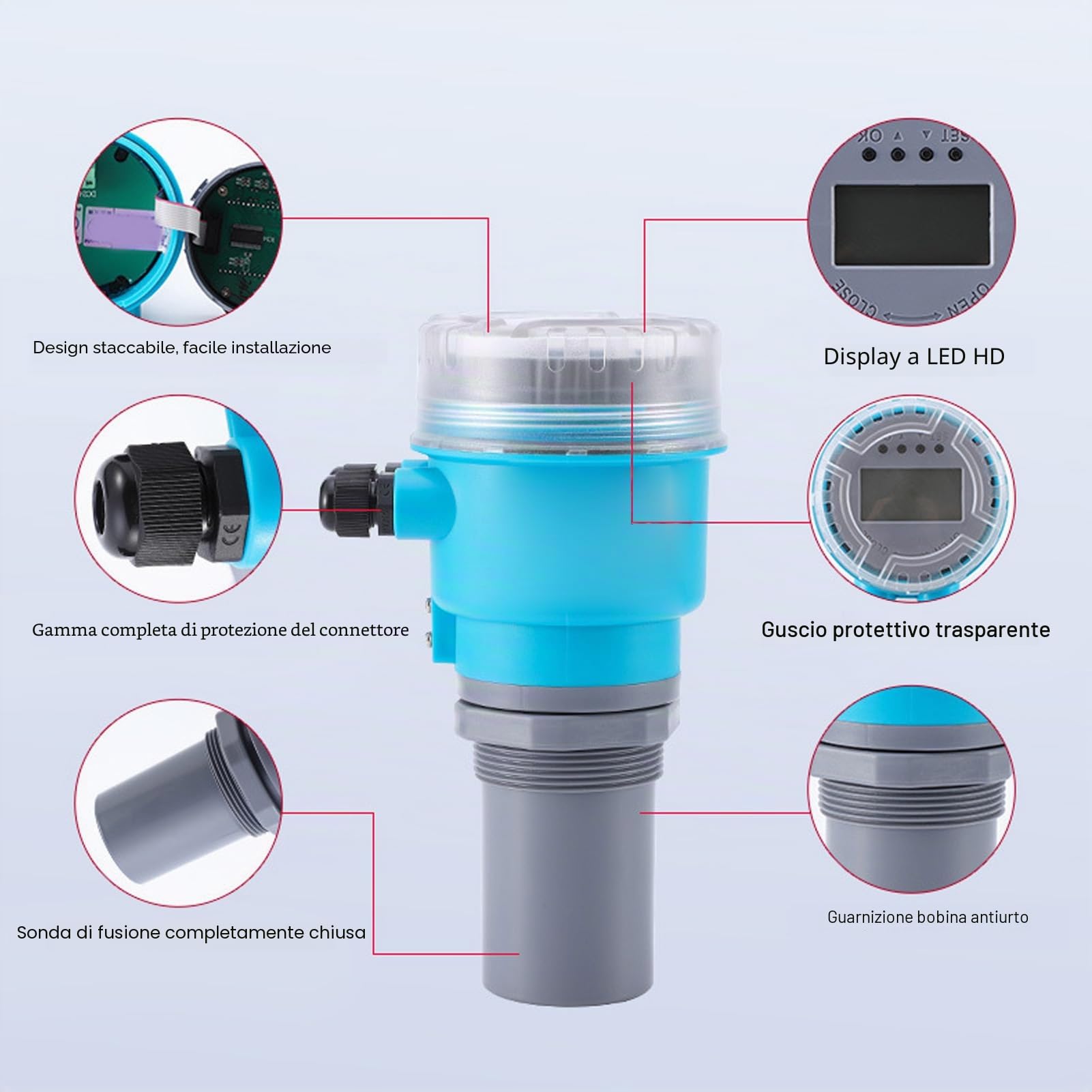 Pyhodi Sensore di Livello 'Acqua Ad Ultrasuoni, Display a LED Trasmettitore Misuratore di profondità del Liquido 4-20 MA per Serbatoio 'Acqua, Misuratore di Livello della profondità del