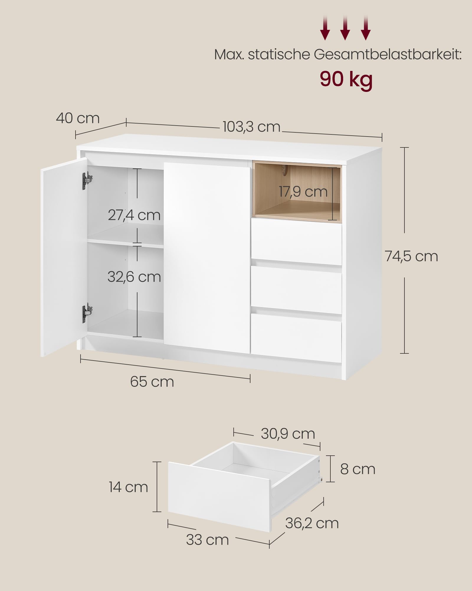 VASAGLE Kailyn Kollektion - Aufbewahrungsschrank, Sideboard, Küchenschrank mit Türen, höhenverstellbare Ablage, 3 Schubladen, modern, 40 x 103,3 x 74,5 cm, wolkenweiß BBK273W21V1