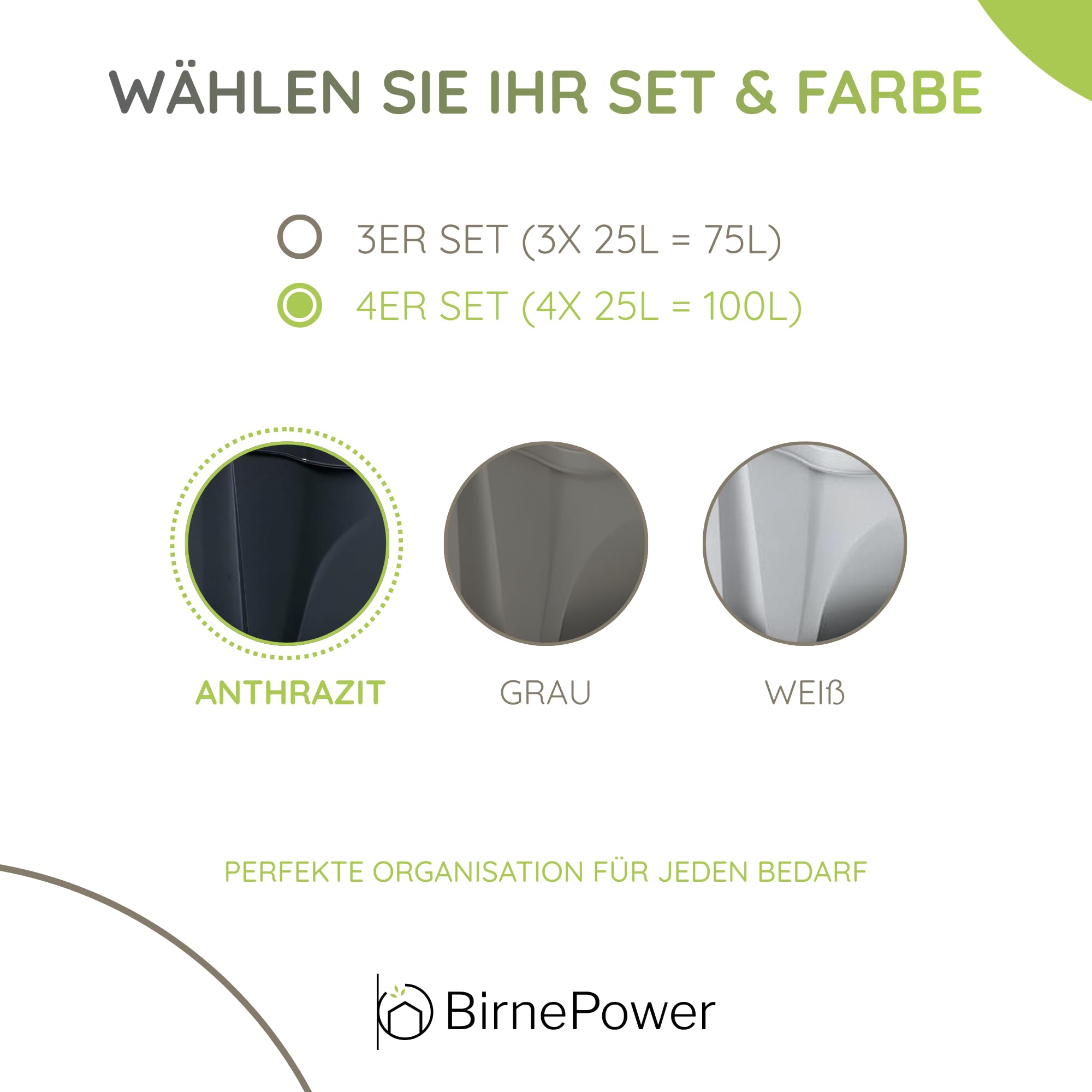 BirnePower Sortibox Mülltrennsystem 4x25L – 100L Mülleimer Set anthrazit mit farbigen Deckeln – stapelbare Abfalleimer mit Deckel für Küche, Haushalt und Garten Müllsortierer