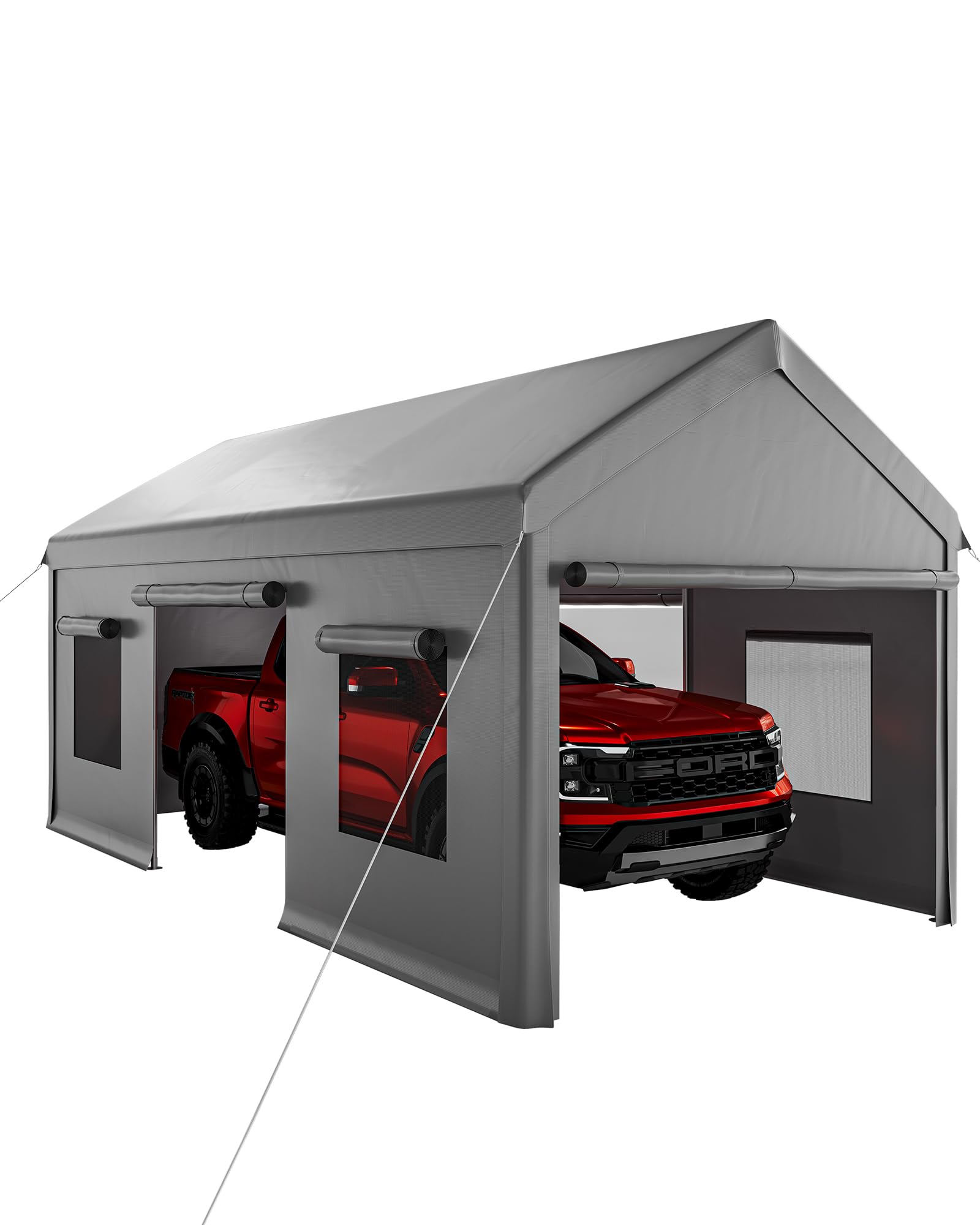 garvee 10x20 carport canopy, heavy duty car port with waterproof tarp, roll-up windows & doors, outdoor portable garage with removable sidewalls, for car, boat, truck, motorcycle, grey