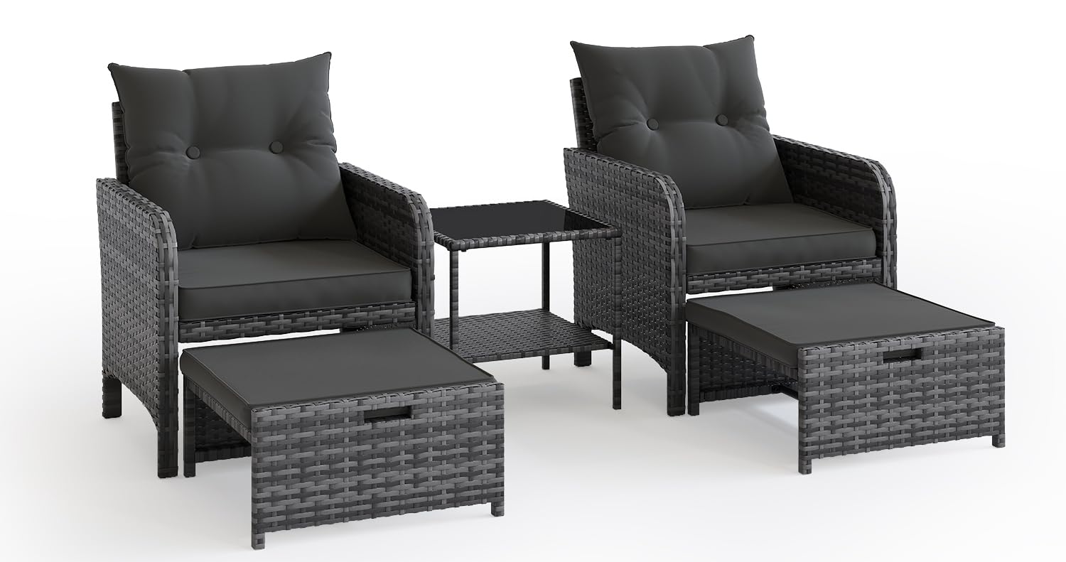 UDPATIO 5-TLG. Rattan Gartenmöbel Set, Balkonmöbel für Kleinen Balkon, inkl. 2 Gepolsterte Sessel, 2 Hocker, 2-stöckiger Kaffeetisch, Wetterfeste Terrassenmöbel für Garten, Terrasse (Grau-meliert)