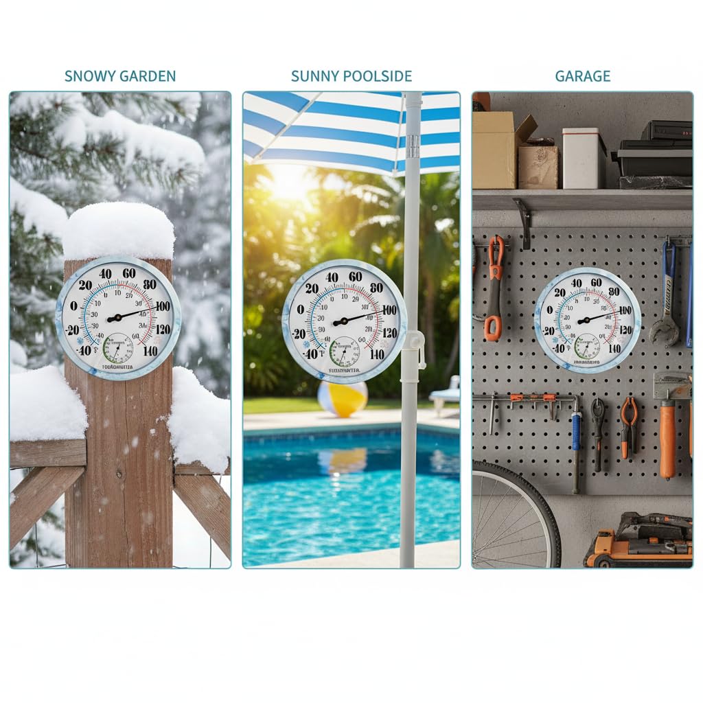 10 Inch Analog Indoor Outdoor Thermometer with Hygrometer, Waterproof Wall Thermometer for Patio, Garden, Garage, House