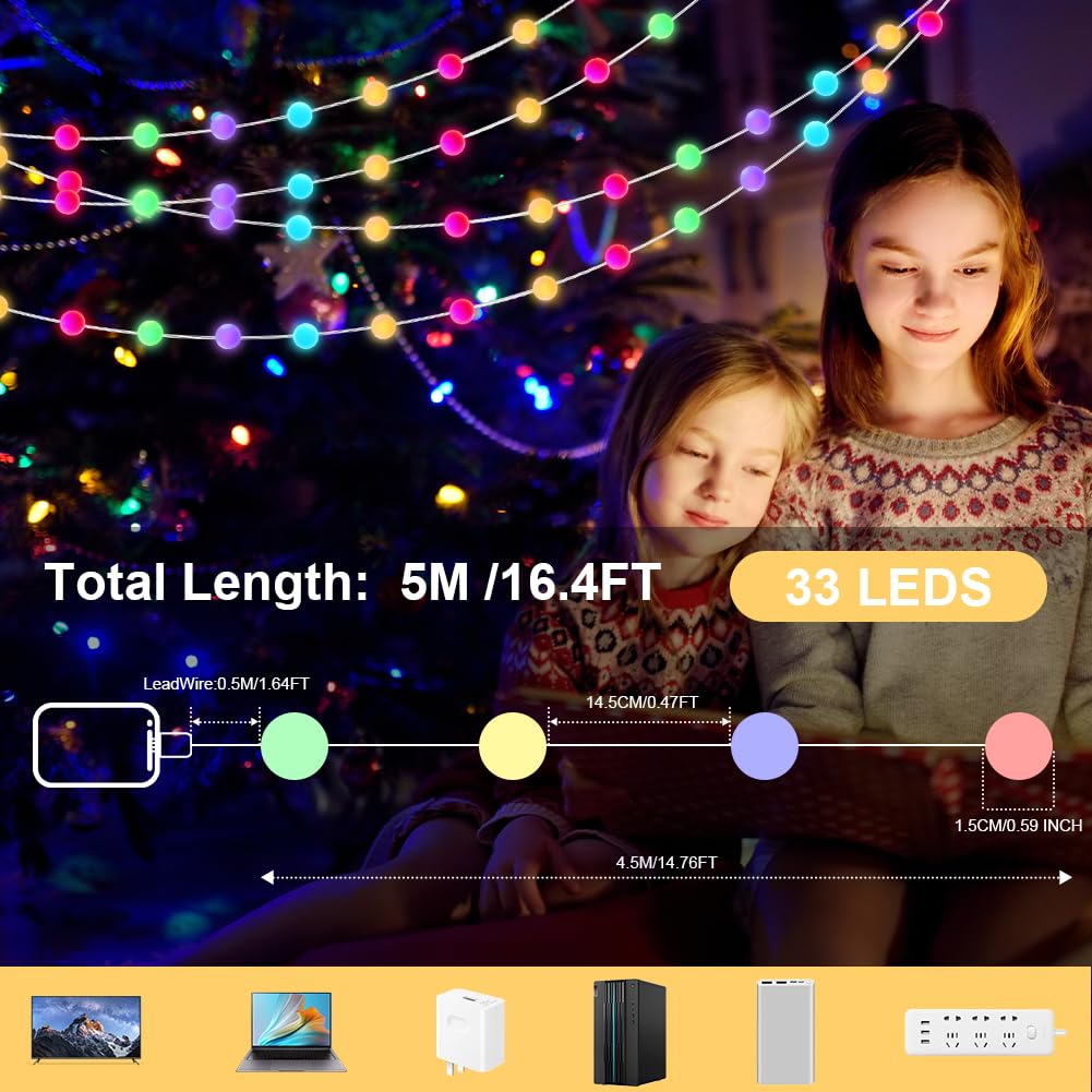 AUAUY Smart Globe String Lights, 5 Meters 33 LED RGB Built-in-chip Color Changing Fairy Lights USB Powered - Image 2