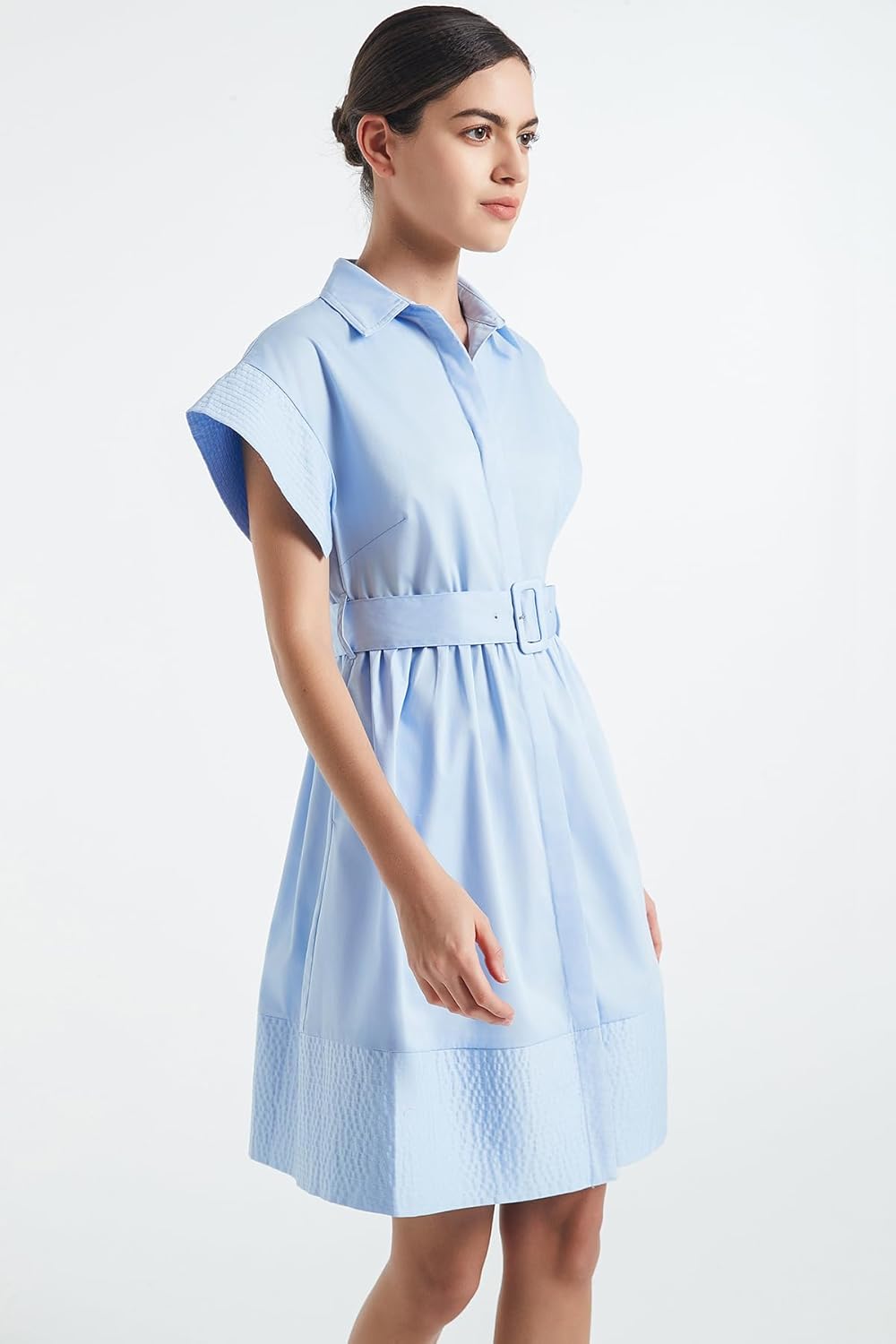 D-Sun Women Casual Button Down Shirt Dress V-Neck Short Sleeves Mini Shirt Dress Belted Short Party with Pockets - Image 4