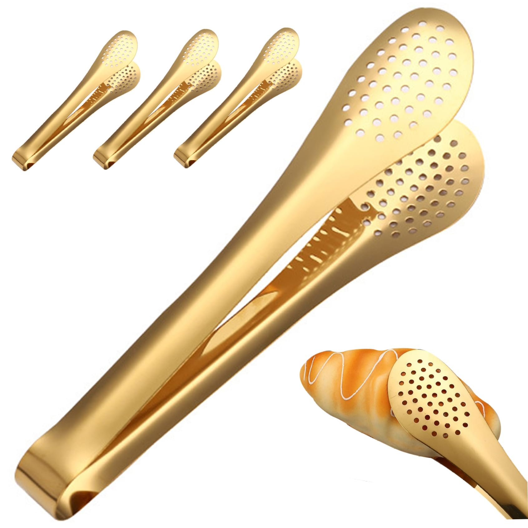 Pinzas para servir 4 pinzas de acero inoxidable dorado pulido resistentes al calor con agujeros para ensalada, pan, buffet, cocina, pan de acero inoxidable