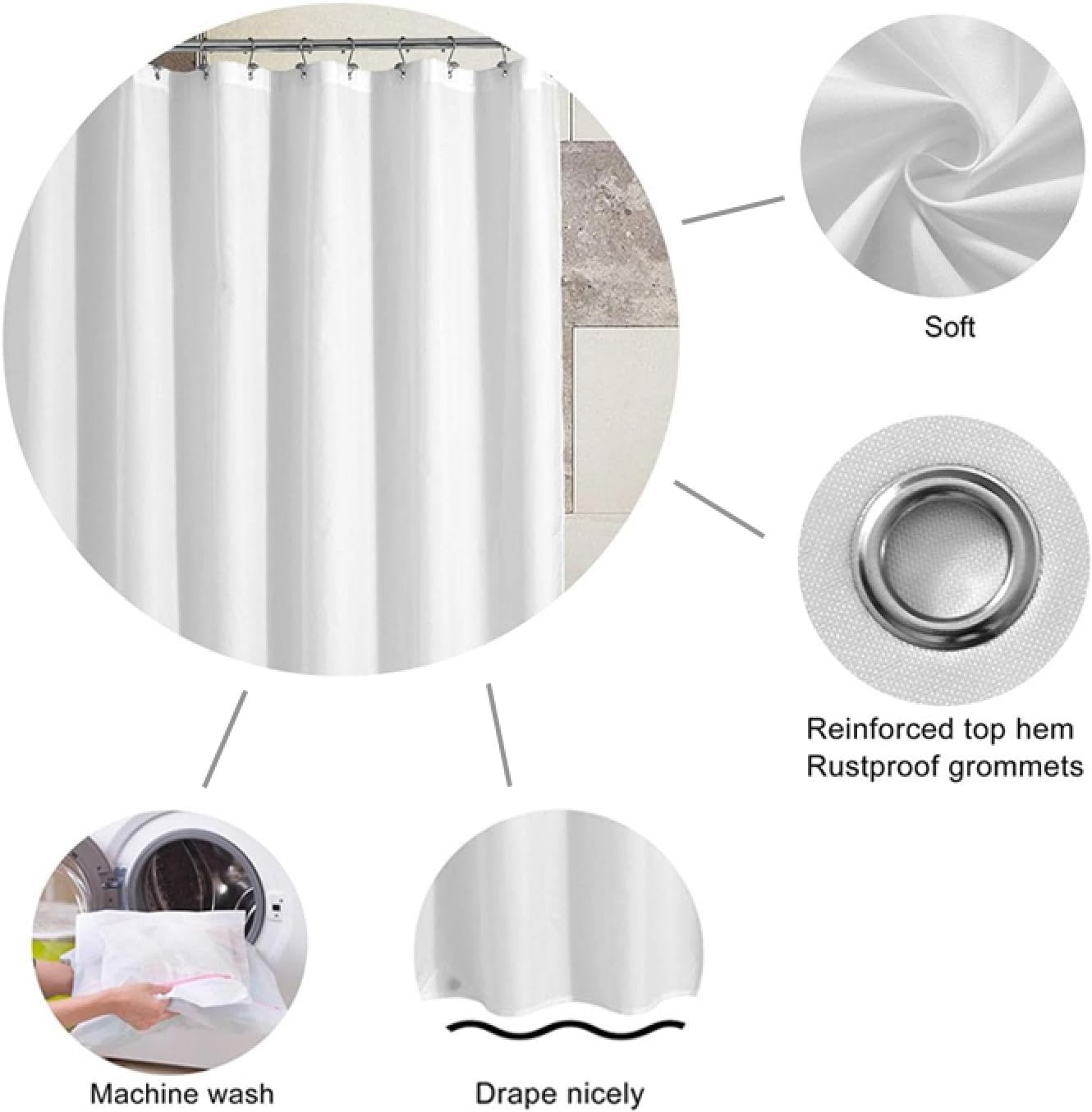Black and White Shower Curtain Liner with Hooks Minimalist Doodle Cartoon Bath Curtains Machine Wash for Urban Modern Boys Girls Bathroom W72xL96in