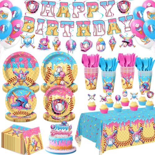 198 Pcs baseball ice cream drip Plates Tableware Set (Serves 24) Ice Cream Drip Baseball Birthday Party Decorations Set Include Banner Plates Napkins Cups Forks Knifes Tablecloth Topper for Party