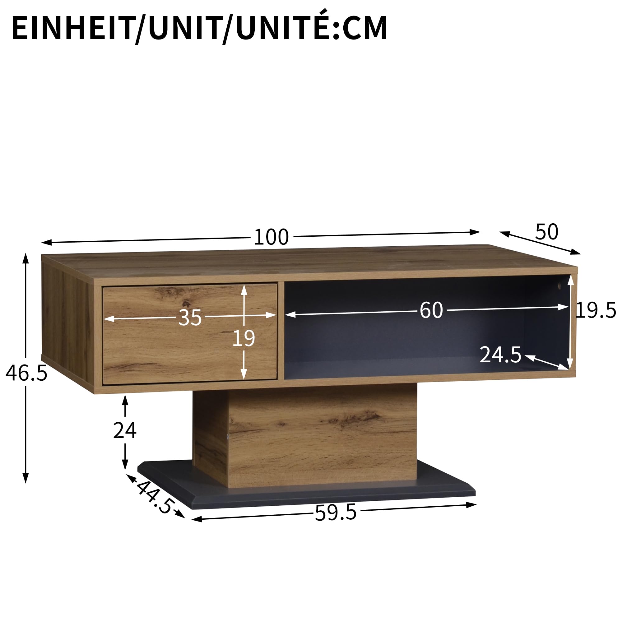 Merax Couchtisch mit doppelseitigem Stauraum 100x50x46,5 cm, Wohnzimmertisch mit großem Ablagefach, Innenfach & Holzoptik, Sofatisch minimalistisch