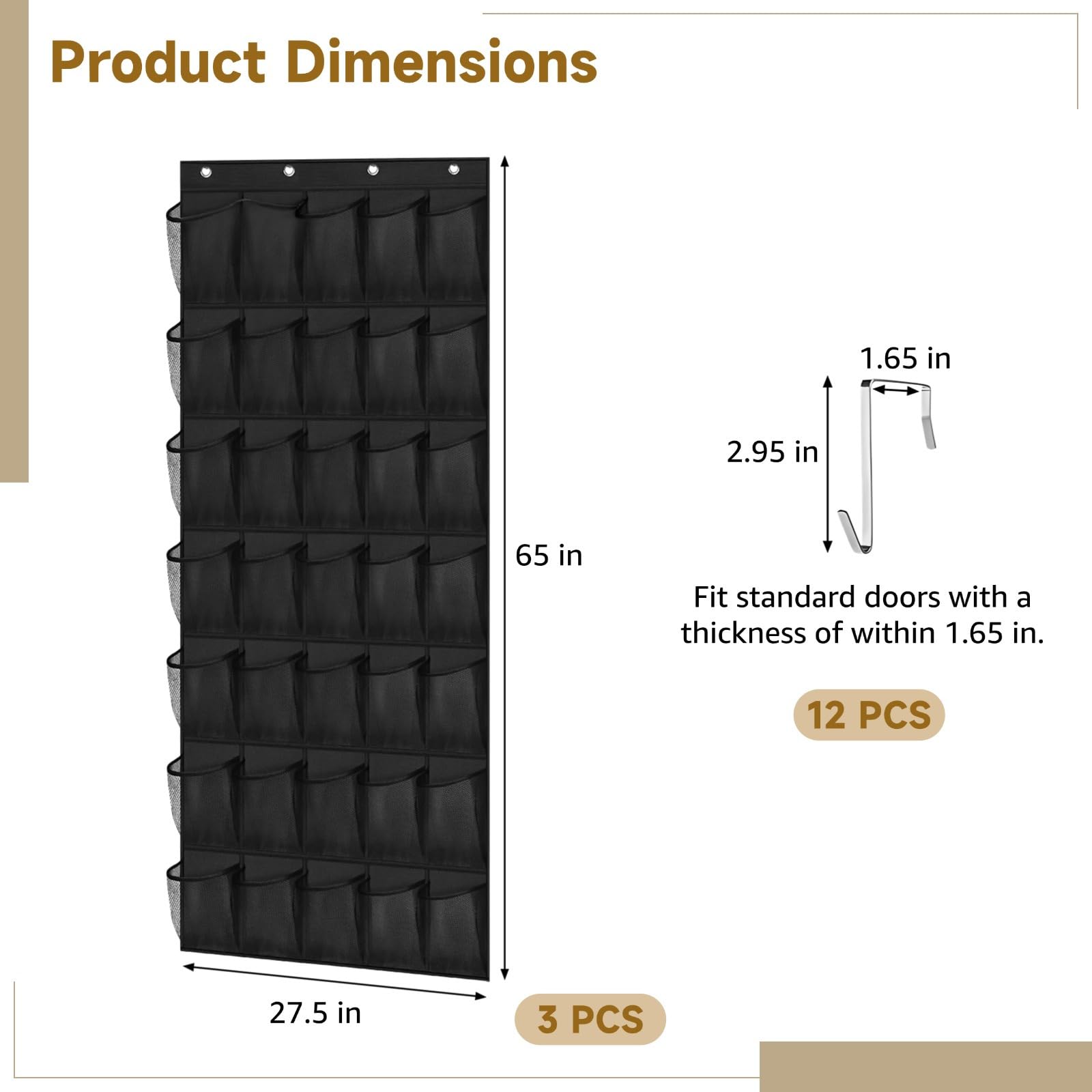 3 piezas de zapatos para colgar en la puerta con 35 kets, bolsas de malla Lar para zapatos y botas, carreras no tejidas que ahorran espacio, ures de 27.5 x 65 pulgadas, maximiza el espacio del armario