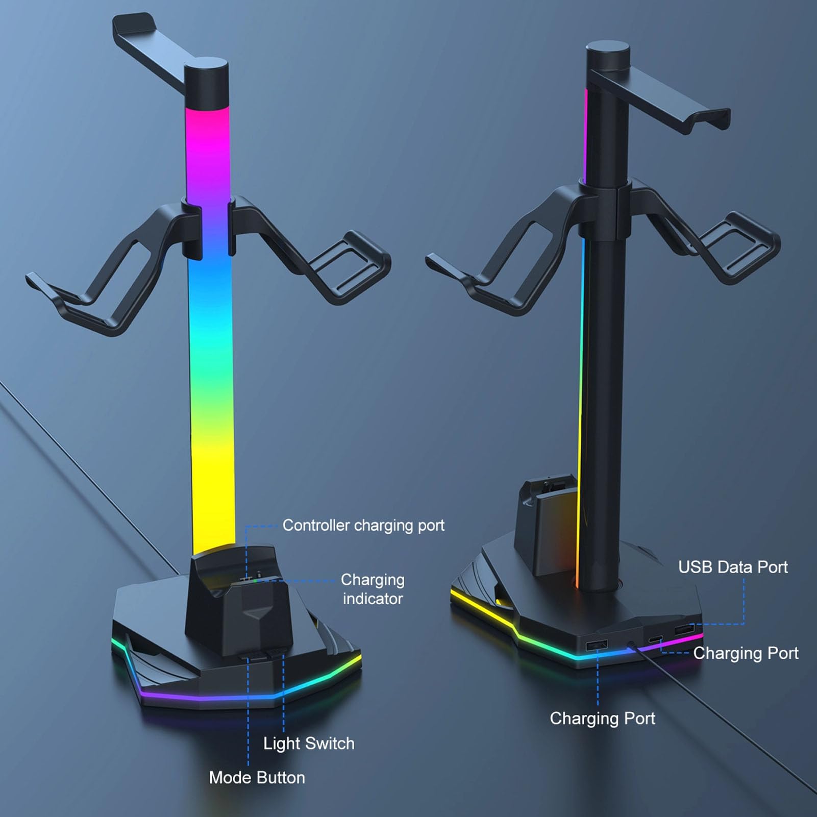 Supporto di Ricarica per Controller di Gioco 3 in 1, Supporto per Cuffie RGB con 2 Porte USB 2.0 e 1 Porta USB C, 4 modalità di Illuminazione, Gancio per Auricolari per Riporre
