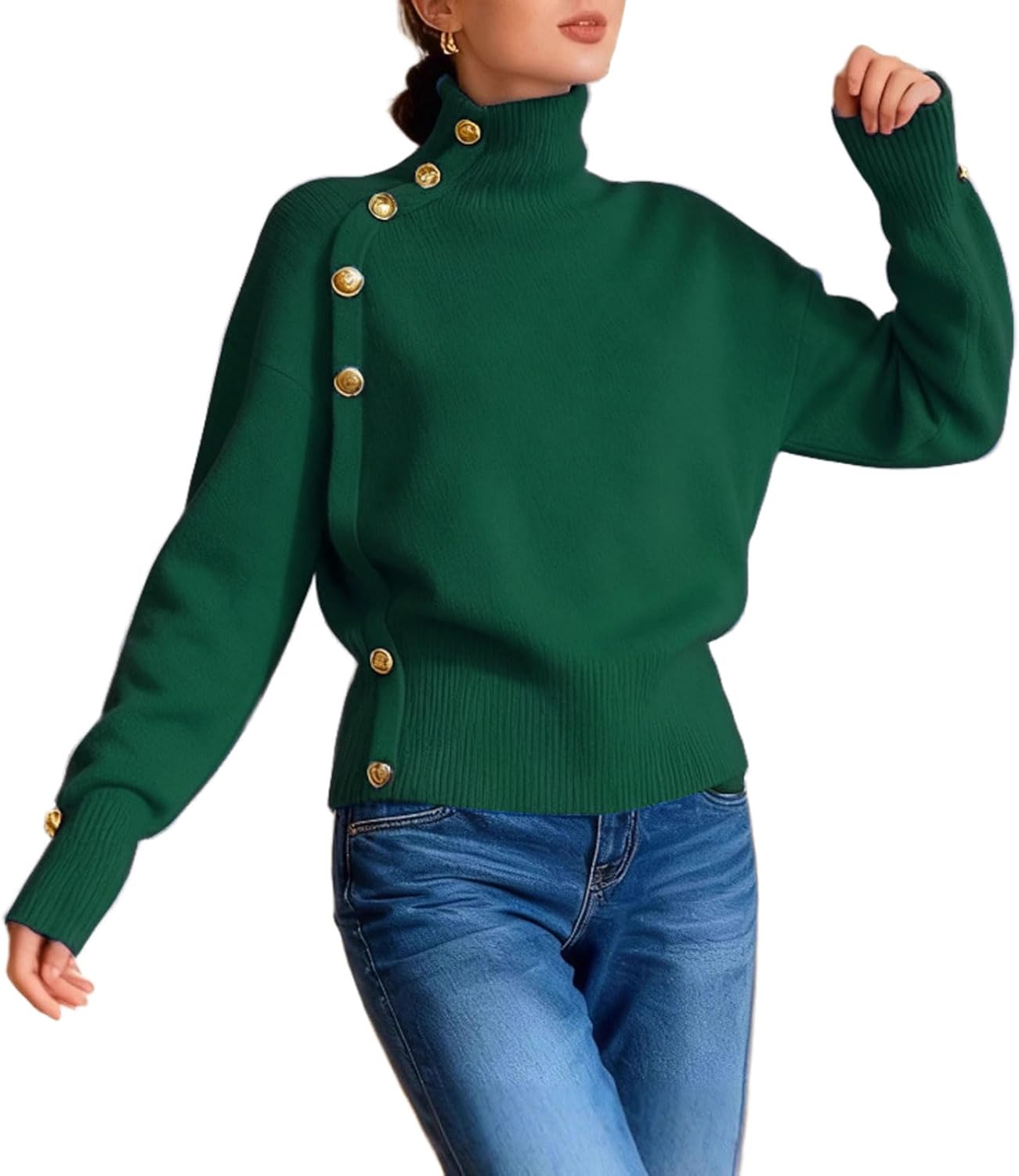 CHARTOU Women Turtleneck Sweater Fall Fashion Batwing Sleeve Jumper Elegant Short Knitted Pullover Tops