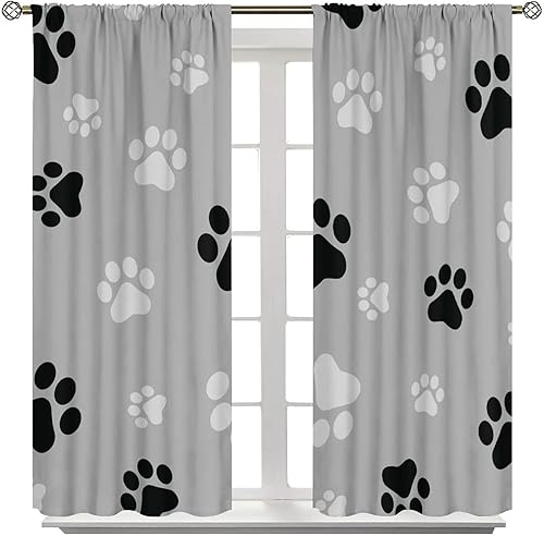 Miniatura 99 de Cortinas opacas con estampado de patas de perro, estampado de patas de perro y huesos, tratamiento de ventana, cortinas con aislamiento térmico