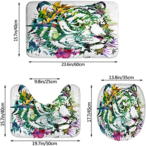 Badezimmerteppich-Set, 3-teilig, Tiger, exotische Tropische Pflanze, Hintergrund, Aquarell, waschbare Badteppiche, rutschfest, mit Rückenpolster, Konturteppich und Toilettendeckelbezug – Bild 3