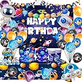 Juego de decoración de cumpleaños espacial, 88 piezas de vajilla de fiesta espacial con pancarta de fiesta espacial, globo, fondo de papel, servilletas, etc. Decoración de cumpleaños