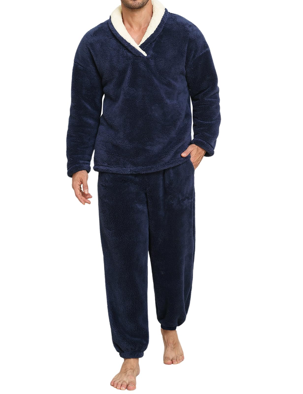 Voqeen Schlafanzug Herren Flauschig Winter 2 Stück Pyjama Herren Sets Weiches Fleece Warm Lose Schlafanzüge Gemütlich Langarm Hausanzug Für Zuhause