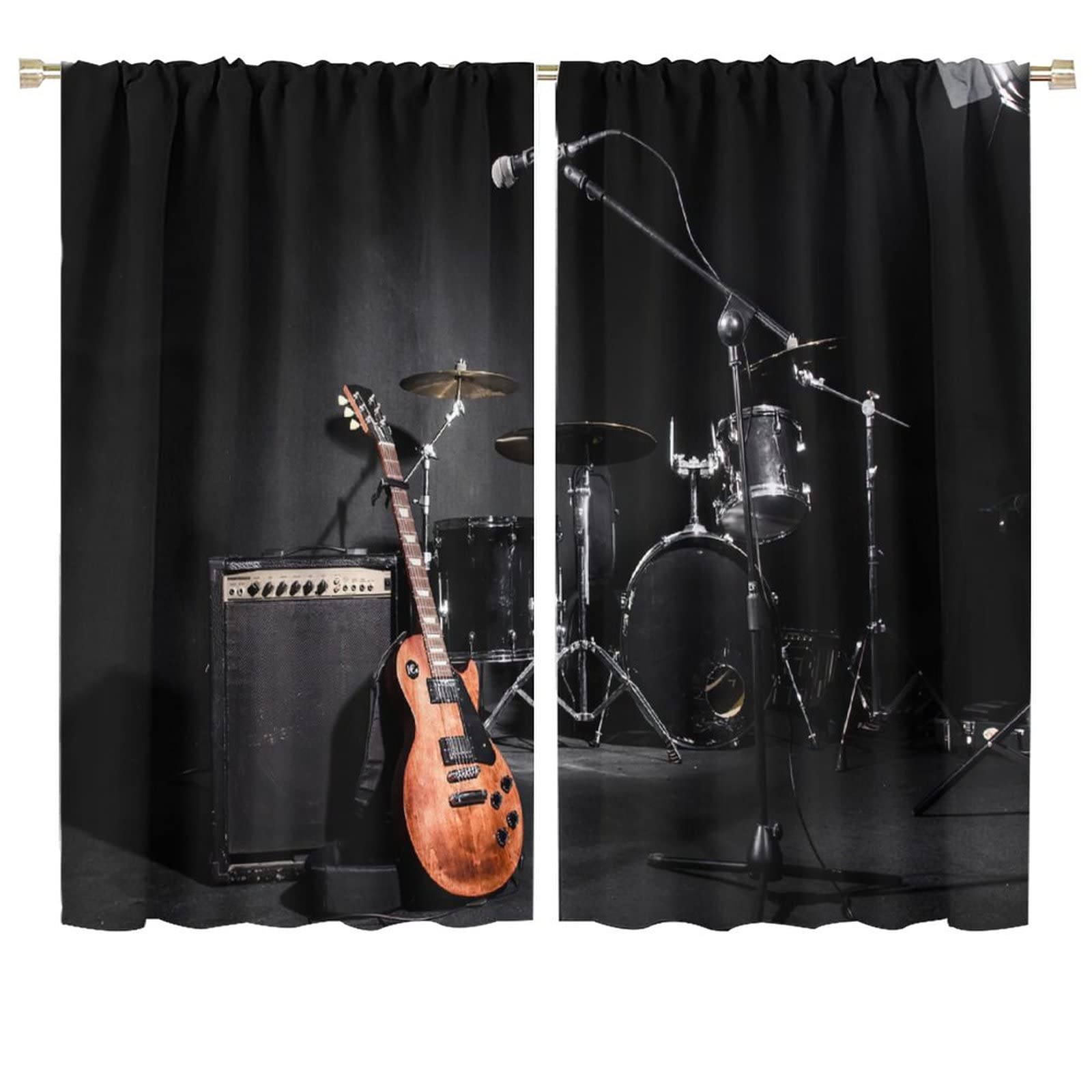 Rock Music Blackout Curtain,Guitars Jazz Music Theme Blackout Rod Pocket Window Drapes for Teens Boys Bedroom Living Room Decor W72xL63in