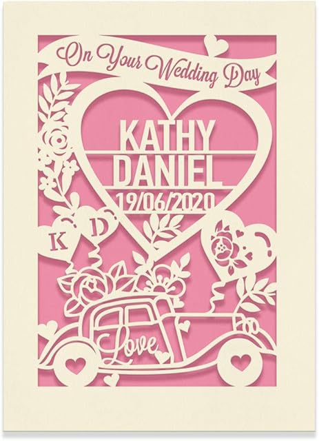 Personalised Wedding Card | Wedding Anniversary Engraved Card | Congratulations Wedding Day for New Couples Newlywed | Custom Gift with Envelopes Hand Finished in UK (Pink)