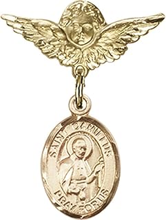 14kt Yellow Gold Baby Badge with St. Camillus of Lellis Charm and Angel w/Wings Badge Pin 1 X 3/4 inches