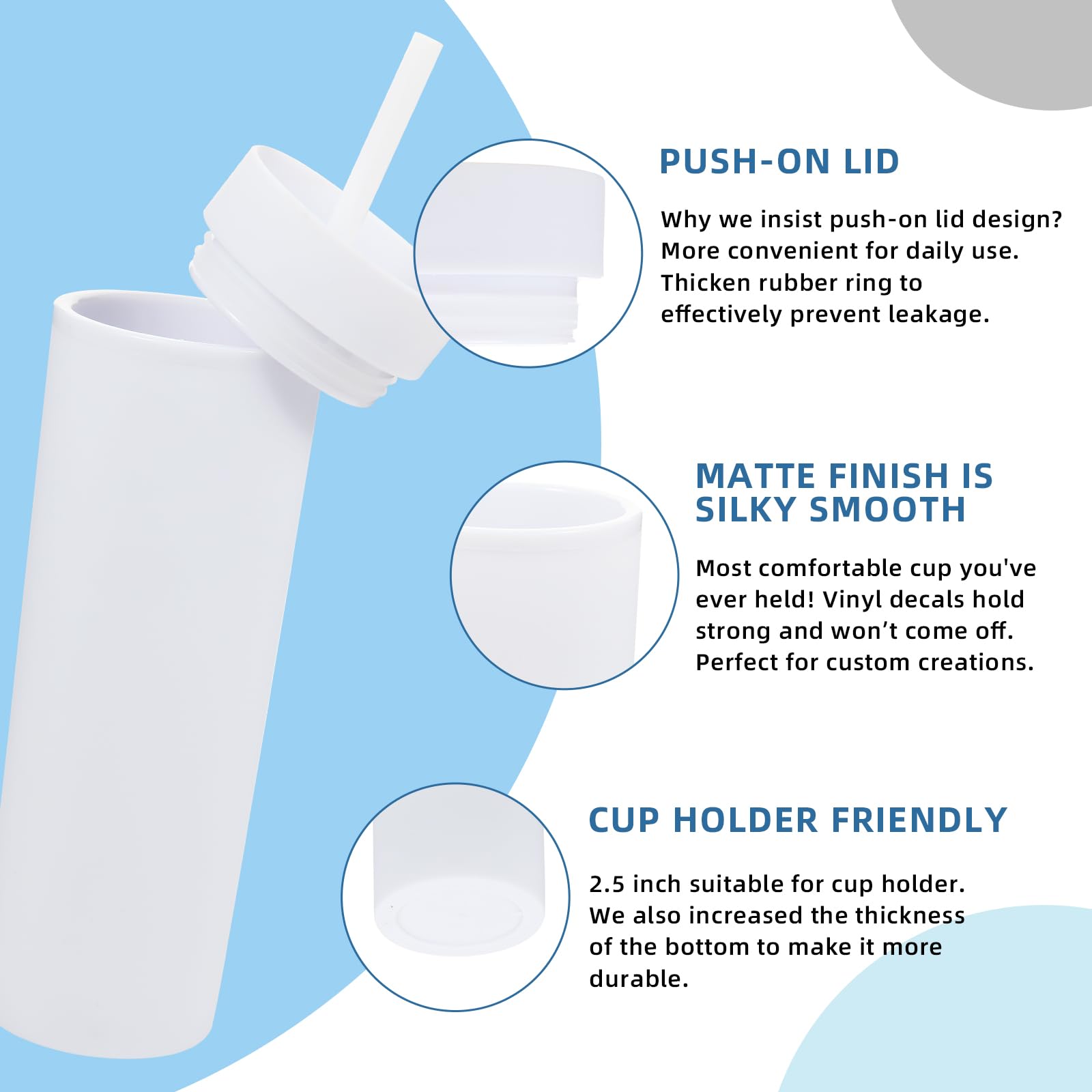 Volhoply 16oz Tumbler with Lid and Straw 8 Pack,Double Wall Plastic Skinny Tumblers Bulk,480ML Reusable Cute Coffee Mug,BPA Free Matte Acrylic Water Cups with Straw for Parties,DIY Gifts(White,8 Set - Image 4