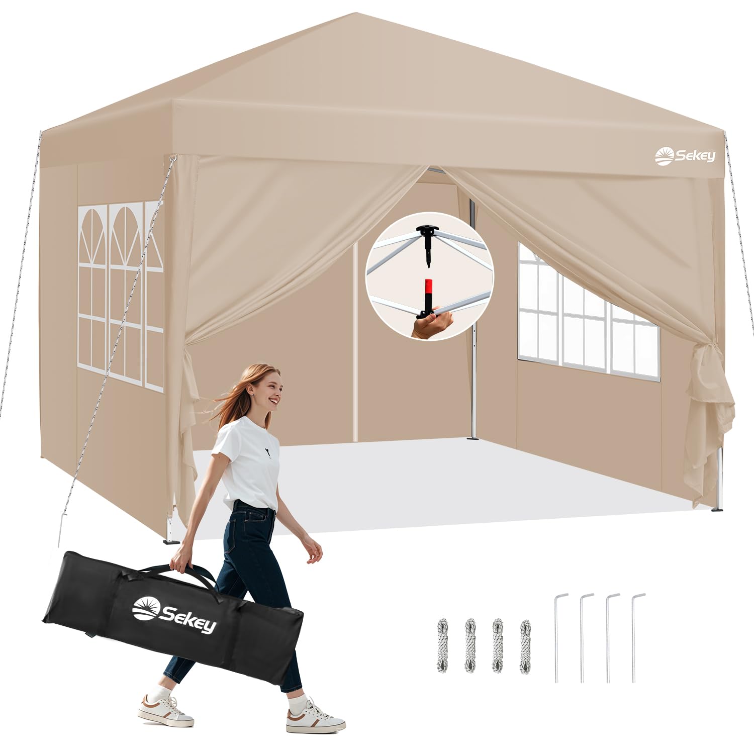 Sekey 3m x 3m One-Touch Pop Up Gazebo with Sides – Instant Setup, Heavy Duty Frame, Waterproof 1000mm, Stable & Windproof, Ideal for Garden, Patio, Parties & Outdoor Events (Khaki, 3x3 with Sides) — image 1