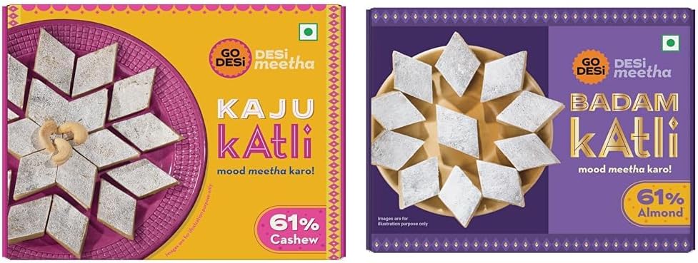 GO DESi Premium Kaju Katli 200 grams, 61% Cashews and Badam Katli 200 grams, 61% Almonds, Rakhi Gift for Sister and Brother, Indian Sweets Gift Pack, DESi Meetha, Sweets Indian Mithai